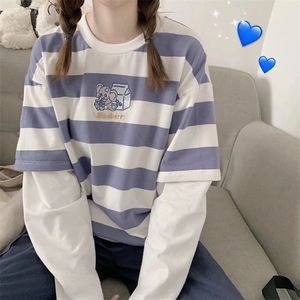 Çizgili Sahte İki Parçalı Uzun Kollu T Gömlek Kadın Bahar Ve Yaz Kore Versiyonu Ins Gevşek T-shirt Casual Koleji Rüzgar Üst 220408