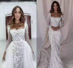 Mermaid Beach Wedding Dresses with Detachable Train Square Neck Long Sleeve D Floral Lace Trumpet Bridal Gowns