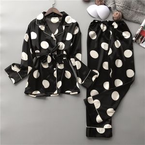 Silk Pyjamas Set Women Sexig Print Dot Summer Female Pyjamas Long Shirt 2 -Stycken Set Stitch Lingerie Home Sleepwear LJ200822