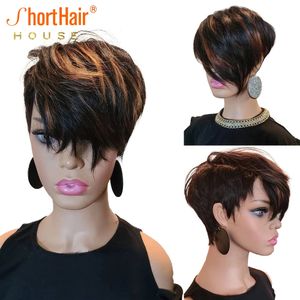Podświetl krótkie peruki dla włosów Bob Human Hair z długimi naturalnymi grzywkami dla czarnych kobiet Pełna hine Made Pixie Cut Parta