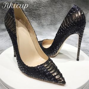 Tikicup Gray Croc-Effect Embossed Women Sexy Stiletto High Heels Slip On Pointed Toe Fashion Pumps Designer Brand Party Shoes 220428