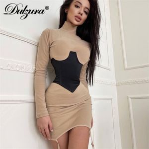 Dulzura Autumn Winter Women Solid Long Sleeve Mini Dress with Lace Up Corset BodyCon Sexy Streetwear Club Party Casual 220816