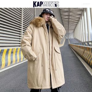 Men's Down & Parkas KAPMENTS Long Coat Men Fur Hooded Jackets Puffer Coats 2022 Mens Winter Pockets Fleece Male Harajuku Bomber Jacket Phin2