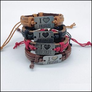 Charm Bracelets Jewelry I Love Jesus Leather Rope Handmade Alloy Adjustable Braided Bangle For Men Women Jew Dhirj