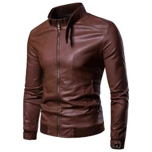 Jaqueta de couro marrom de colarinho de colarinho masculino para homens jaqueta de motocicleta coreana masculina com zíper jaqueta de couro faux plus size l220725