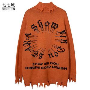 Hip Hop Coltrui Gebreide Truien Mannen Streetwear Gothic Brief Ripped Tassel Jumper Truien Vrouwen Oversized Harajuku Trui T220730