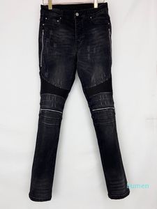 Luxury designer Mens jeans Long pants Skinny zipper knee Spell leather Destroy the quilt Ripped hole fashion jean Men Designers Cloths