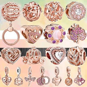 925 Armband Charms för Pandora Charm Set Original Box New OpenWork Heart Leaves Rose Gold Bead Mom Disc Pendant European Bead Halsband Charms smycken