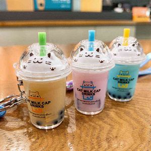 2021 new cartoon Cat Milk Tea Cup key chain lovely quicksand liquid key pendant acrylic quicksand into oil key chain G220421