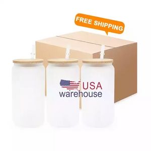 US STOCK Sublimation 16oz Farbverlaufsglasbecher Dosenglasbecher mit Bambusdeckel Strohbier schillernder Becher Transparente, gefrostete Soda-Trinkbecher