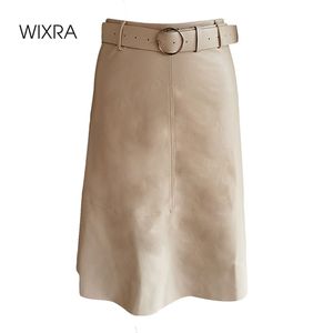 Wixra Frauen A-Linie Röcke PU Casual Mid-Calf Elegante Büro Tragen Streetwear OL Damen Unten Frühling Herbst 210315