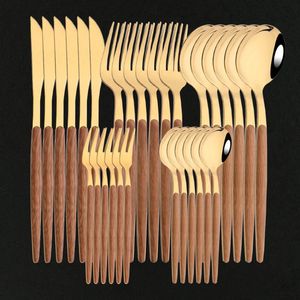 Dinnerware Sets 6/30Pcs Wooden Tableware For Kitchen Cutlery Set Stainless Steel Glossy Wood Western Knife Fork Teaspoon