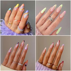 24pcs amêndoa floral unha falsa presa presa prenda em unhas destacáveis ​​cabeça oval unhas falsas ferramentas de manicure diy