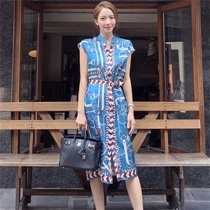 Summer Korean Ladies Temperament Single Breasted Belt Slim Midje Print Dress Sleeveless Office Lady Wear Summer Vestid 210529