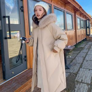 新しい長い冬のジャケット女性の温かいフード付きパッド入りジャケットコート韓国語バージョンのゆるい大きな毛皮の襟冬のパーカーコートl220730