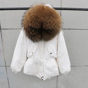 100% natürliche Waschbären Pelzkragen Winterjacke Frauen Weiße Ente Daunenmäntel Warme Dicke Parkas Damen Winterjacken und Mäntel 201128