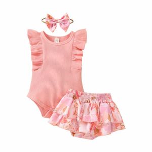 Clothing Sets Baby Girls 3PCS Romper Suit Plain Sleeveless Crew Neck Ruffle Ribbed Print Flounce Layers Triangle Pants Bow HeadbandClothing
