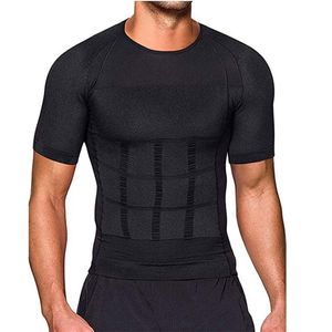 Män kropp toning tshirt kropp shaper korrigerande hållning skjorta bantbälte magen buk fett brinnande kompression korsett 220526