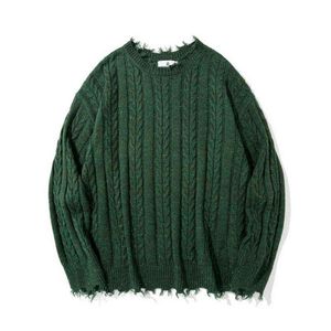 2021 Autumn Retro Green Ripped Edge Punk Knittad tröja män Harajuku Fashion Hip Hop Solid Women Ordized Pullovers Pull Homme T220730