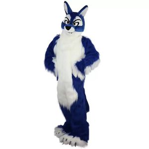 2022 Fabrik Nytt långt hår Blue Wolf Mascot Costumes For Adults Circus Christmas Halloween outfit Fancy Dress Suit Suit