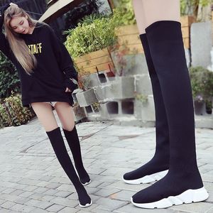 SHANTA Sock New Stretch Fabric Shoes Slip On Over the Knee Women Pumps Boots For Womens Y200114