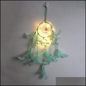 LED Light Catcher Dwa Pierścienie Pióro DreamCatcher Wind Chime Dekoracyjna ściana wisząca mticolor 12ms J2 Drop dostawa 2021 Zestawy upominkowe Prezent