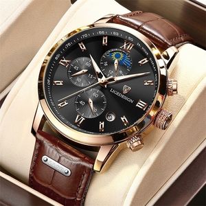 Lige Mens Watches Top Luxury Brand Waterproof Sport Wrist Watch Chronograph Quartz Militär äkta läder Relogio Masculino 220530