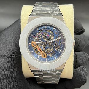 남성 시계 자동 기계식 시계 남성 시계 Watches Hollow 42mm 대형 다이얼 슬리버 스테인레스 스틸 스트랩 패션 손목 시계 Montre de Luxe