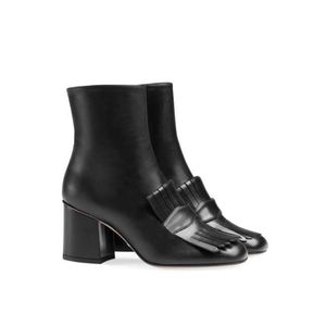 Top-Qualität Leder Plattform Ankle Boot Marmont Stiefel bestickt Mid-Heel Boot Frauen Winterschuhe einfarbig Fransen Schuh große GrößeNO29