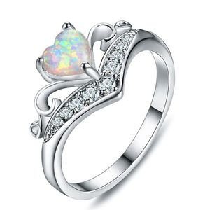 10 szt Część Srebrne pierścienie Crown Heart Białe Białe Klejnoty opalowe dla kobiet Weddings Party American Australia Ring Jewelry220r