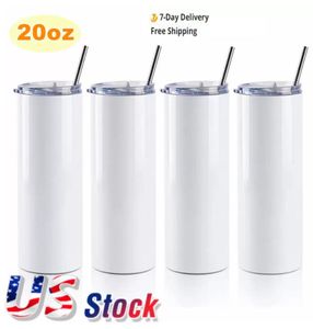 US warehouse 20oz White Sublimation Straight Tumbler Blanks Double 304 Mug with Straw Stainless Steel Vacuum Cup Water Bottle Heat Press Machine Printing GJ02