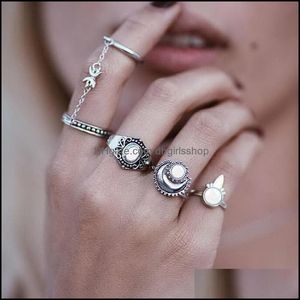 Band Rings Jewelry 4pcs/Conjunto Sun Moon Sier Gold Ring For Women Fashion Boho Style Retro Bohemian Siamese Chain Mi Dh0uy