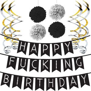 Party-Dekoration, lustiges Set, Schwarz, Silber, Happy Fucking Birthday, Wimpelkette, Banner, Pompons und Wirbel, Zubehör für den 21., 30., 40. und 50. Geburtstag