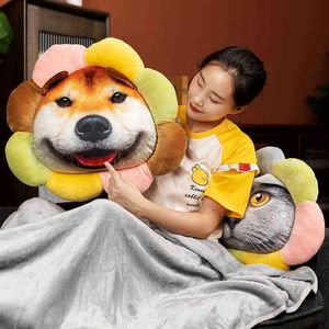 Cartoon Suower Husky Akita Dog Cat Plush Cushion With Blanket Dolls Simulation Animal Head Creative Toy Boys Kid Gift J220704