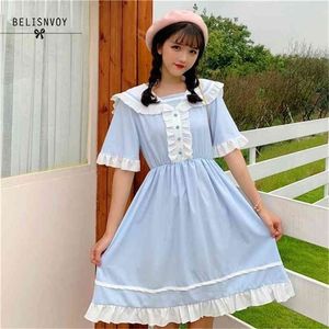 Japanese Summer Women Lolita Princess Dress Peter Pan Collar High Waist Elegant Flare Sleeve Kawaii Ruffles 210520
