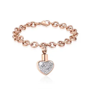 Link Chain Cremation Jewelry Urn Bracelet For Ashes Stainless Steel Crystal Heart Memorial Keepsake Bangle ForLink