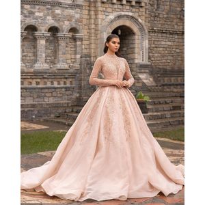 Blush Pink Elegante Cristalli Abiti da sposa Perline Abiti da sposa Maniche lunghe Gioiello Lace Up Lunghezza del pavimento Abito Elegante de mari￩e Custom Made