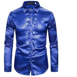 Homens Casual Camisas Luxo Lantejoula Vestido de Manga Longa Silk Satin Shiny Party Camisa Homens Chemise Stage Dance Nightclub Fato