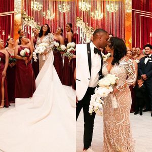 Luksusowe Syrenki Suknie Ślubne Szampański Sheer Neck Długi Rękaw Kwiatowy Aplikacje Afryki Arabskie Wed Suknie Ślubne Plus Rozmiar