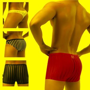 Unterhosen CLEVER-MENMODE 4-teiliges Herren-Sexy-Unterwäsche-Set, durchsichtig, transparent, gestreift, Tanga, kurze Boxershorts, atmungsaktives Mesh-Höschen