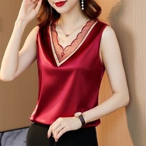 Satin Top Women V-neck Lace Female Woman Clothes Chiffon Embroidery Solid Ladies Tops for White OL Fashion Women's t-shirt 220318