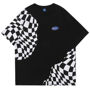 Camicie a magliette di grandi dimensioni che controllano patchwork cotton o-collo top top abbigliamento da uomo estivo harajuku streetwear t-shirt casual maniche a maniche corte