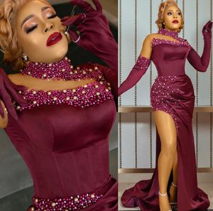 2022 Plus Size Arabisch Aso Ebi Burgund Luxuriöse Meerjungfrau Ballkleider Perlen Satin Abend Formale Party Zweiter Empfang Geburtstag Verlobungskleider Kleid ZJ688