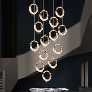 Luxury Crystal Ring LED Chandelier Pendant Lamps For Staircase Living Room Modern Cristal Gold Hanging Light Fixture Large Indoor Kitchen Lamp