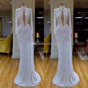 Long Sparkly Sequins Sleeves Evening Dresses High Neck Mermaid Floor Length Custom Made Plunging V Plus Size Prom Party Gown Vestidos Formal Ocn Wear estidos