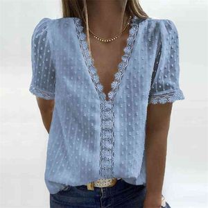 3xl Sexig V-hals spetsskjorta Blus Vår sommar kortärmad damer skjorta avslappnade kvinnor solida pullover toppar blusa streetwear 210326
