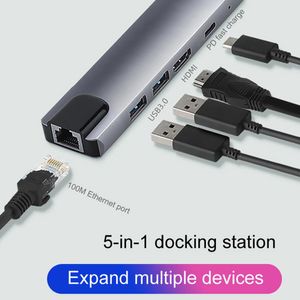 USB3.0 Typ C Hub 5in1 Dockningsstationer 4K HDTV USBC a Gigabit Ethernet RJ45 LAN Multi Splitter Adapter Med Ström För Macbook Pro 13 15 Air PC Datortillbehör