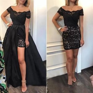 Generous Off Shoulder Black Lace Appliques Korta Prom Klänningar Med Avtagbar Tåg Sida Split Party Evening Gowns