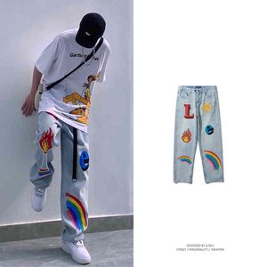 Rainbow Graffiti Printed Wash Jeans Men's Fashion Brand Wide Leg Straight Tube Loose and Versatile Hip Hop Street Trend Pants