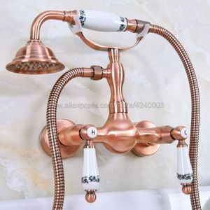 Bathroom Shower Sets Antique Red Copper Wall Mount Telephone Bath Faucet Mixer Tap W/ Handheld Spray Kna307Bathroom